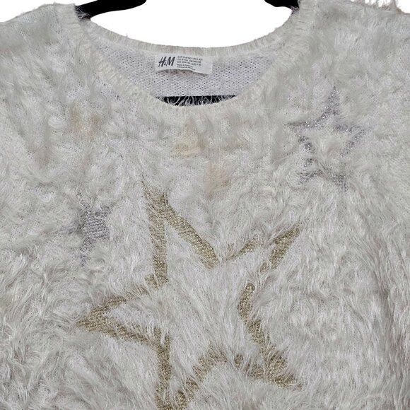 H&M Girls Fuzzy White Sweater With Star Design Size 8-10 - Picture 2 of 8
